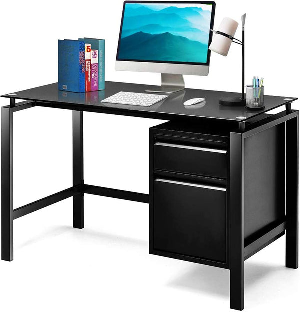 Computer Desk with Tempered Glass Top and Drawers, 46” Home Office Desk with Storage Drawers, Modern Simple Writing Desk With Black Color Metal Frame