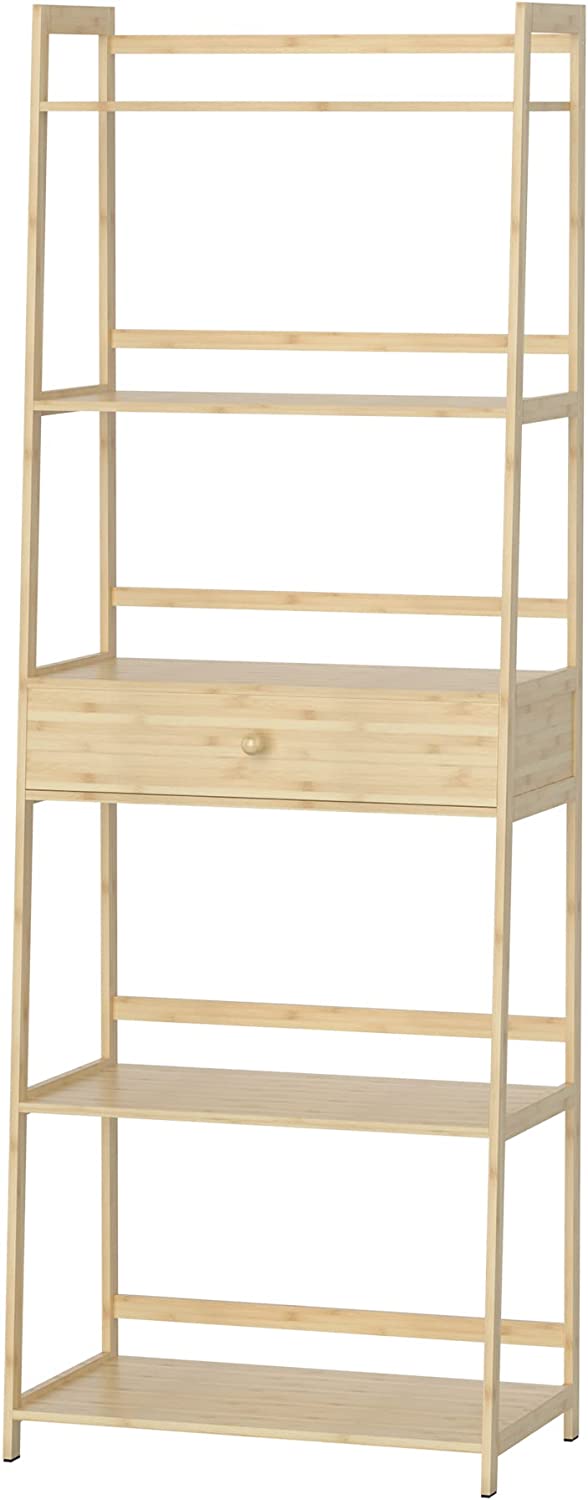 5 Tier Bamboo Ladder Shelf Bookcase, Modern Open Book Case for Living Room, Bedroom and Office