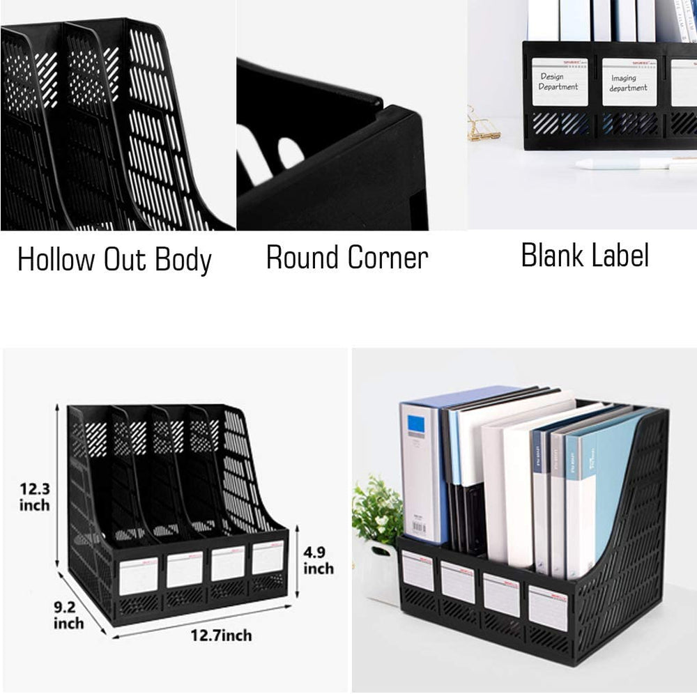 Porte-revues A4 Pliable LONTG Porte-Revue Bureau Avec 4 Compartiments Organisateur De Bureau En Plastique Noir Classique Pour Maison Scolaire
