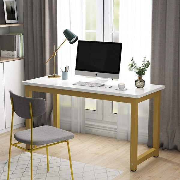 odern Computer Desk, 55 inches Large Office Desk Computer Table Study Writing Desk for Home Office, White Gold Metal Frame