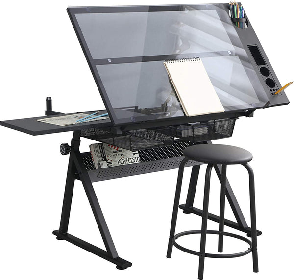 72°Tiltable Glass top w/Stool and Drawers for Reading, Writing Art Craft Work Station