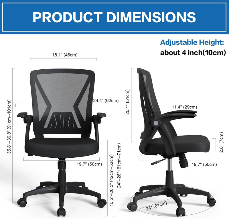 Mid Back Mesh Office Chair Ergonomic Swivel Black Mesh Computer Chair Flip Up Arms with Lumbar Support Adjustable Height Task Chair For Office Desk