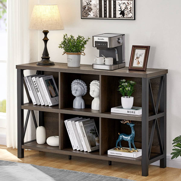 6 Cube Storage Organizer with Shelf, Wood and Metal Cubby Bookcase, Horizontal Bookshelf (Walnut Brown, 47 Inch