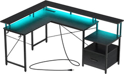 Computer Desk with Power Outlet & LED Strip and File Drawer, L Shaped Computer Corner Desk with Printer Cabinet and Monitor Shelf, Modern Home Office & Writing Desk