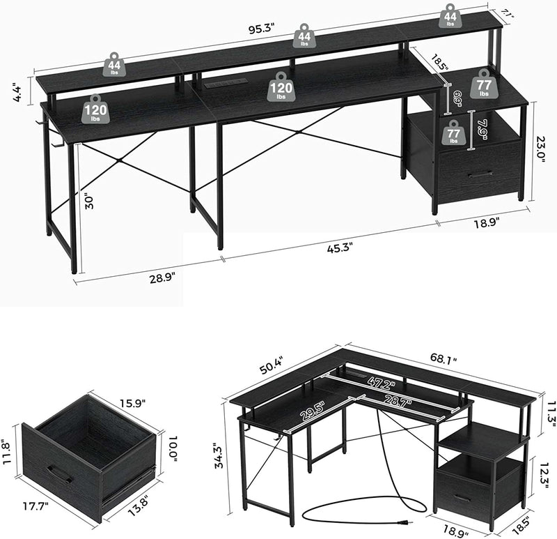 Computer Desk with Power Outlet & LED Strip and File Drawer, L Shaped Computer Corner Desk with Printer Cabinet and Monitor Shelf, Modern Home Office & Writing Desk