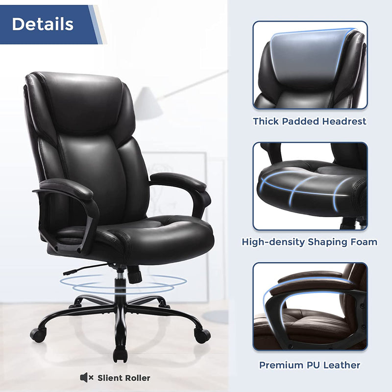 Home Office Executive Desk High Back Computer Chair with Adjustable Height and Swivel Task Lumbar Head Support Chair, Leather Black Cover