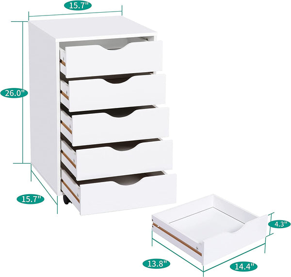 5 Drawer Chest, Wood Storage Dresser Cabinet with Wheels, Craft Storage Organization