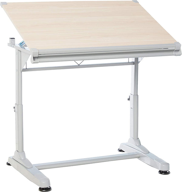 Adjustable Height and Angle Drafting Table Drawing Desk with Large Surface (Silver Frame/Birch Top, 40" W X 26" D)
