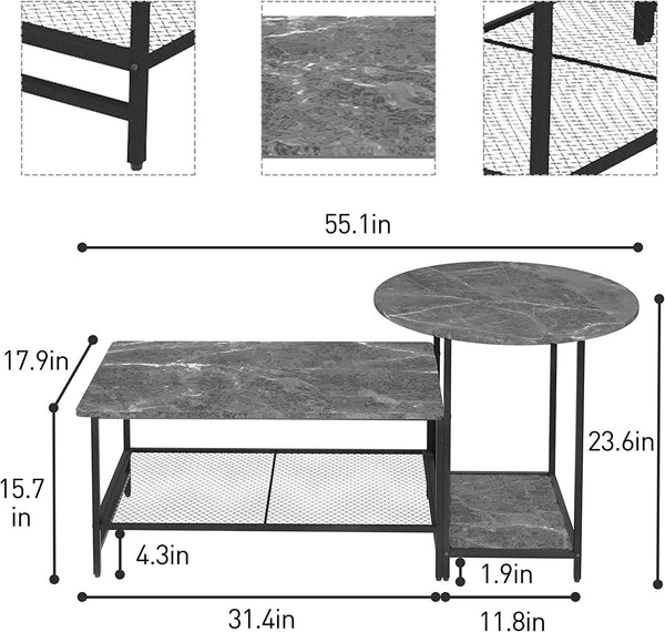 Black Marble Set of 2 Large Round Side End Table and Long Rectangle 2 Tiers Wood Storage Shelf Detachable