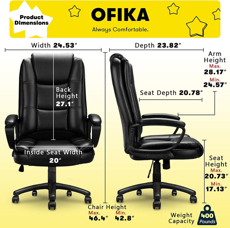 Adjustable Executive Leather Chair with Armrest ,Heavy Duty Design, High Back Cushion Lumbar Back Support, Computer Desk Chair, (Black)