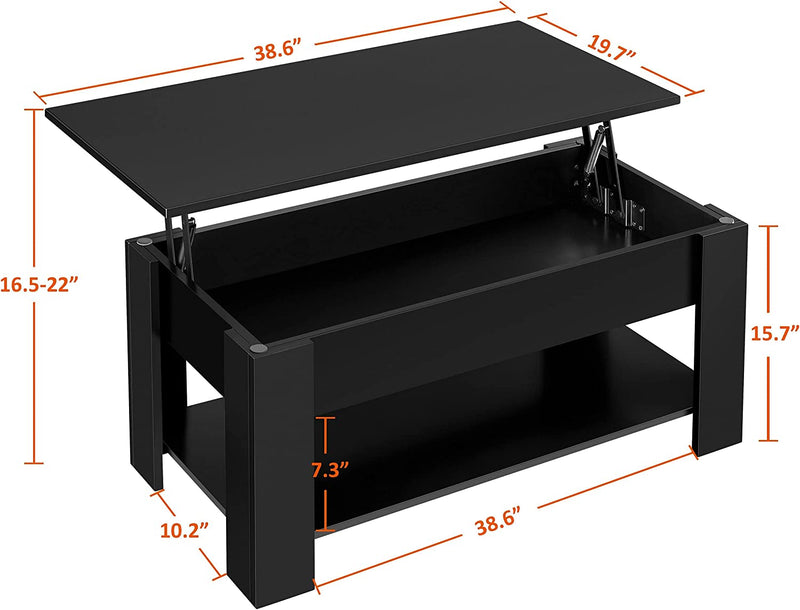 Metal Spring Lift up Top Coffee Table with Hidden Compartment and Storage Shelf
