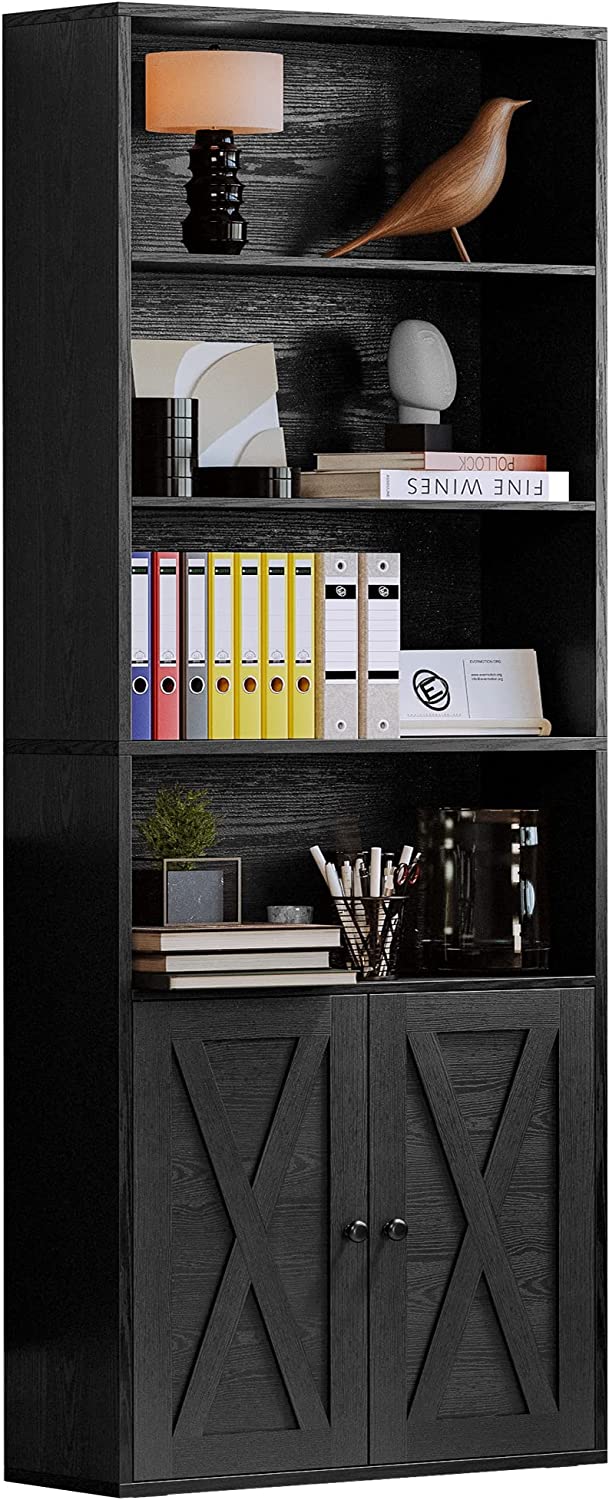 Industrial Bookshelves with Doors Floor Standing 6 Shelf Display Storage Shelves 70 in Tall Bookcase