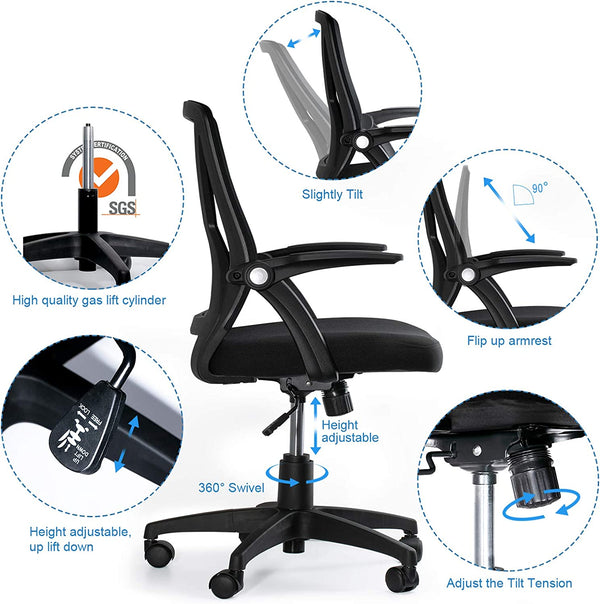 Mid Back Mesh Office Chair Ergonomic Swivel Black Mesh Computer Chair Flip Up Arms with Lumbar Support Adjustable Height Task Chair For Office Desk