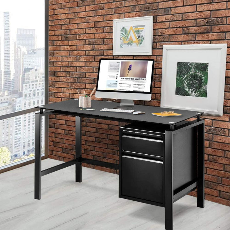 Computer Desk with Tempered Glass Top and Drawers, 46” Home Office Desk with Storage Drawers, Modern Simple Writing Desk With Black Color Metal Frame