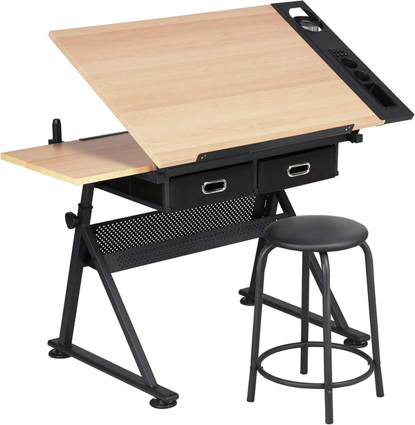 Adjustable Drafting &  Drawing Table Artist Desk Tilting Tabletop Art Craft Work Station with Storage Drawers and Stool