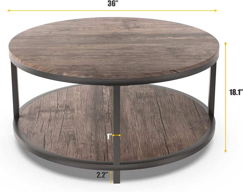 36 inches Round Coffee Table, Rustic Wooden Surface Top & Sturdy Metal Legs Table for Living Room Modern Design Home & Office Furniture with Storage Open Shelf (Light Walnut)