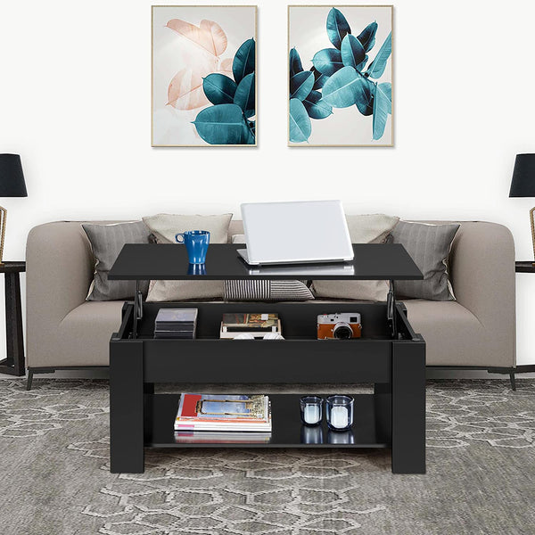 Metal Spring Lift up Top Coffee Table with Hidden Compartment and Storage Shelf