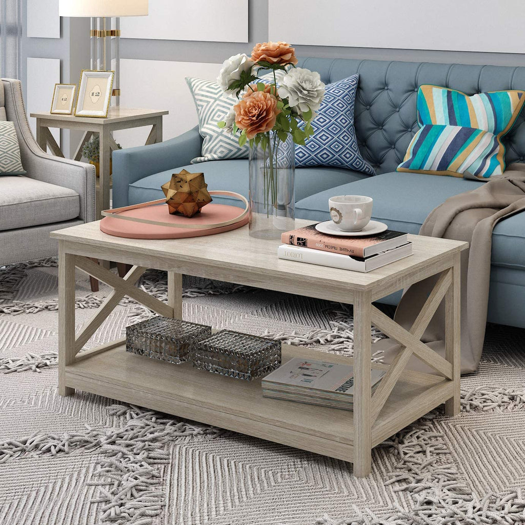 Modern X Shape Sides Wooden Coffee Table with 2-Tier Storage