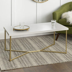 Mid Century Modern Marble Gold Rectangle Coffee Table Living Room Accent Ottoman Storage Shelf, 42 Inch, Marble and Gold