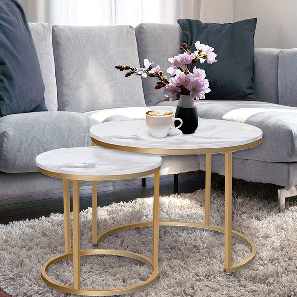 Coffee Table Nesting White Set of 2 Side Set Golden Frame Circular and Marble Pattern Wooden Coffee Tables