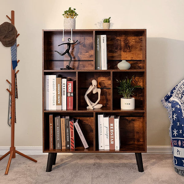 Modern and vintage 3 Tier Mid-Century Modern Bookcase with Legs, Retro Wood Bookshelves Storage Organizer Shelf