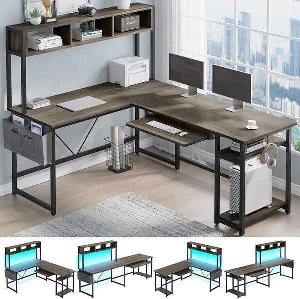 L Shaped 94.5 Inch Office Desk, Reversible Corner , L Shaped Desk with Led Lights, Keyboard Tray, Storage Shelves and Headphone Hook