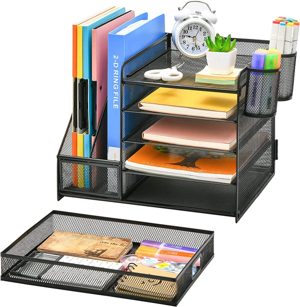 5-Tier Paper Letter Tray Organizer with Drawer and 2 Pen Holder, Mesh Desktop Organizer and Storage with Magazine Holder for Office Supplies (Black)