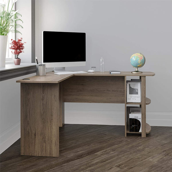 L-Shaped Desk with Bookshelves, Rustic Oak