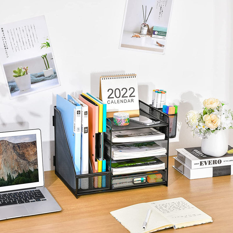 5-Tier Mesh Desk Organizer With Drawer - Black Office Paper Letter Tray & File Holder