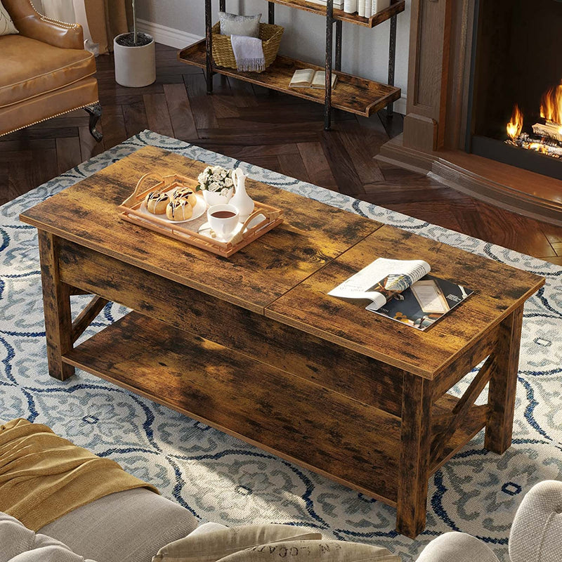 Lift Top Wooden Coffee Table, 43.8" with Hidden Compartment, 2 Way Lift Top Coffee Table with Open Shelf & X Wooded Support , Rustic Brown