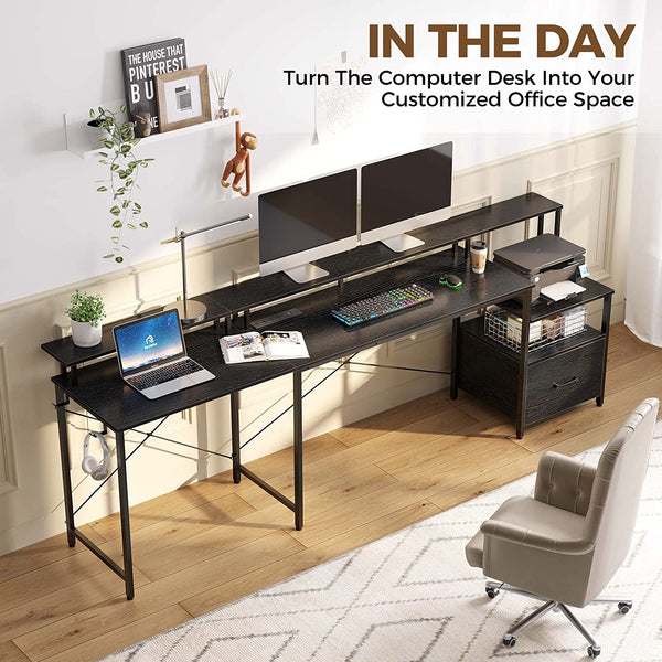 Computer Desk with Power Outlet & LED Strip and File Drawer, L Shaped Computer Corner Desk with Printer Cabinet and Monitor Shelf, Modern Home Office & Writing Desk