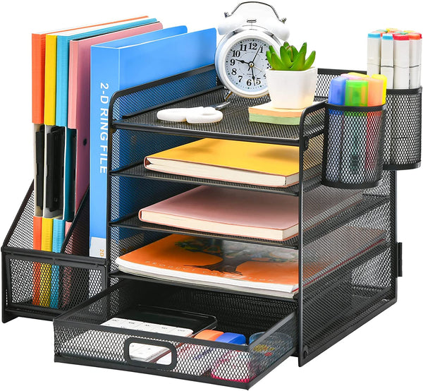 5-Tier Paper Letter Tray Organizer with Drawer and 2 Pen Holder, Mesh Desktop Organizer and Storage with Magazine Holder for Office Supplies (Black)