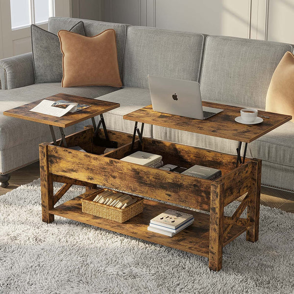 Lift Top Wooden Coffee Table, 43.8" with Hidden Compartment, 2 Way Lift Top Coffee Table with Open Shelf & X Wooded Support , Rustic Brown