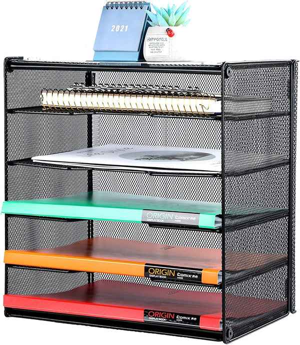 Office Desk Organizer Tray Paper Organizer, Mesh Desk File Organizer with 5 Tier Shelves and Sorter, Black