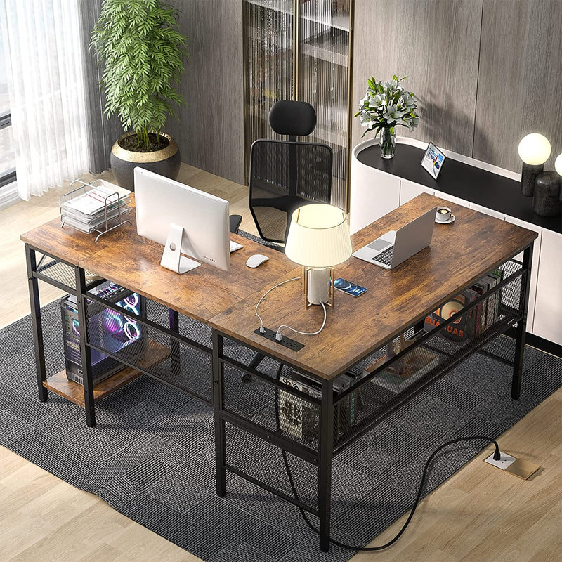 L Shaped Desk with USB Charging Port and Power Outlet, Reversible L-Shaped Corner with Storage Shelves,
