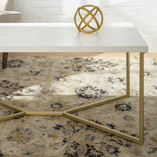 Mid Century Modern Marble Gold Rectangle Coffee Table Living Room Accent Ottoman Storage Shelf, 42 Inch, Marble and Gold