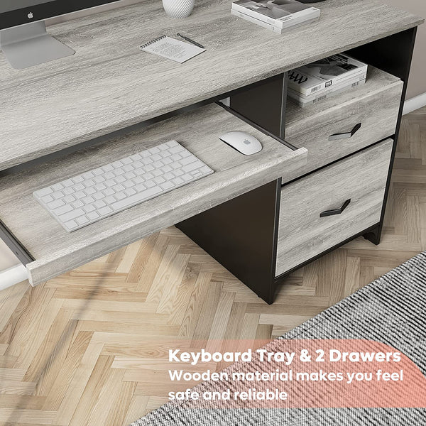Light Gray Oak Office Desk with Storage Drawers 55 inch with Keyboard Tray