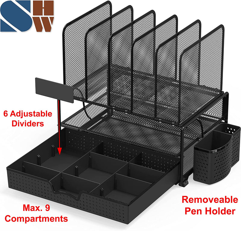 Mesh Desk Organizer with Sliding Drawer, Double Tray and 5 Upright Sections, Black