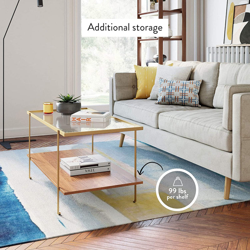 Mid-Century Rectangle Coffee Table With Glass Top and Rustic Oak Storage Shelf with Sleek Brass Metal Legs