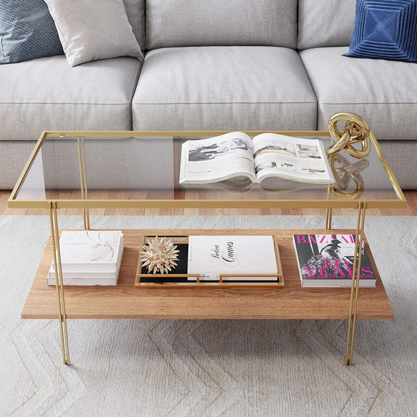 Mid-Century Rectangle Coffee Table With Glass Top and Rustic Oak Storage Shelf with Sleek Brass Metal Legs