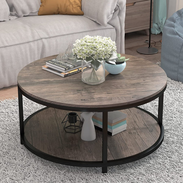 36 inches Round Coffee Table, Rustic Wooden Surface Top & Sturdy Metal Legs Table for Living Room Modern Design Home & Office Furniture with Storage Open Shelf (Light Walnut)