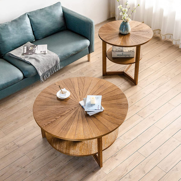 Round Coffee Table, Farmhouse Round Coffee Table for Living Room, Solid Wood Circle Coffee table 2 Tier Round Wooden Rustic Natural Table, 35.3" D x17.8 H