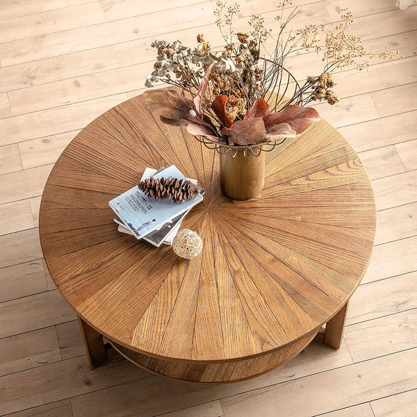 Round Coffee Table, Farmhouse Round Coffee Table for Living Room, Solid Wood Circle Coffee table 2 Tier Round Wooden Rustic Natural Table, 35.3" D x17.8 H